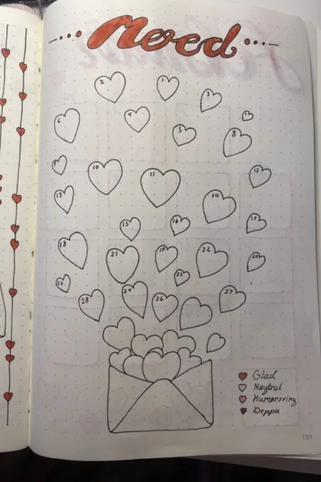mood tracker bullet journal saint valentin coeurs sui sortent d'une enveloppe dessin à colorier