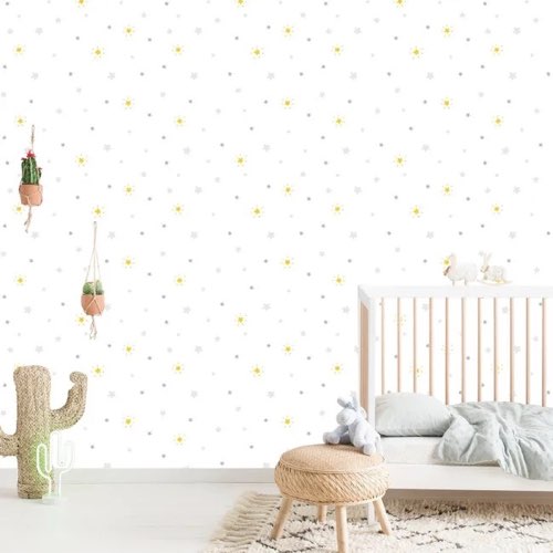 papier peint chambre enfant blanc Papier peint intissé BABYLAND étoiles argent et or