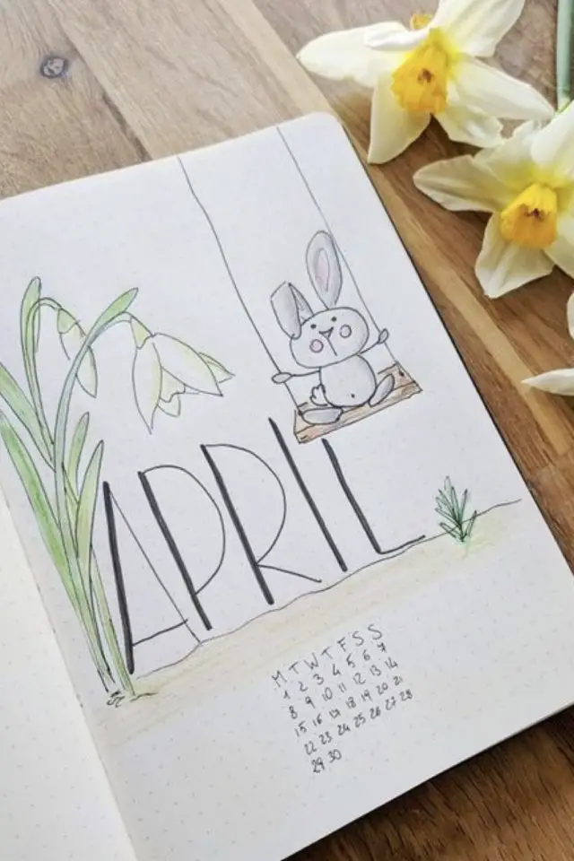 bujo paque calendrier avril petit lapin sur balançoire fleur dessin