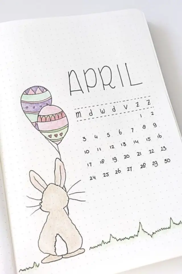 bujo paque calendrier avril petit lapin ballon oeuf crayon de couleurs