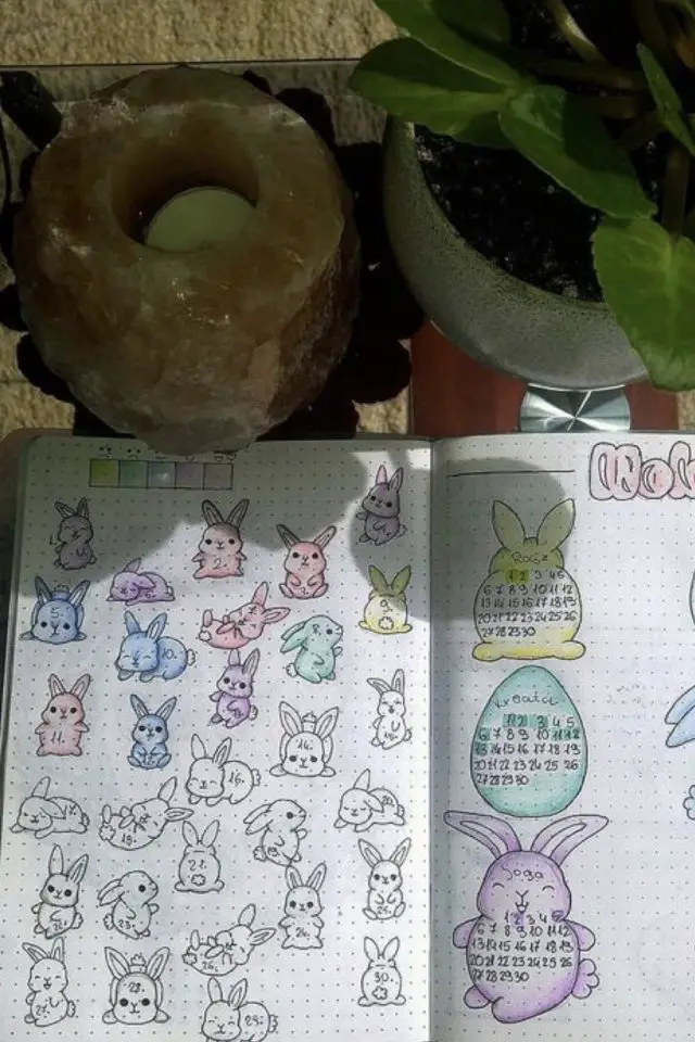 bullet journal theme paques trackers exemple petit lapin à colorier doodle