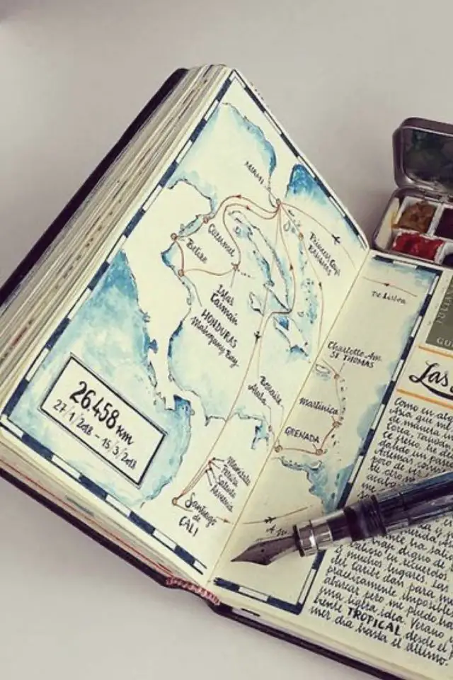 carnet de voyage aquarelle dessin carte peinture bleue loisirs créatifs vacances souvenirs