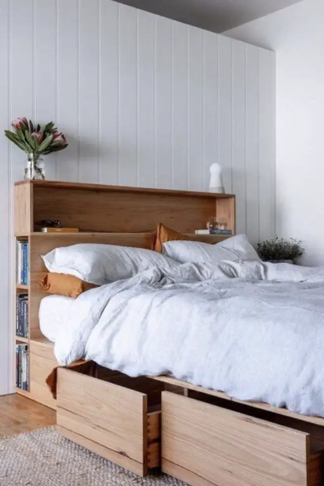 chambre deco pratique rangement exemple tête de lit niche rangement tiroir moderne en bois