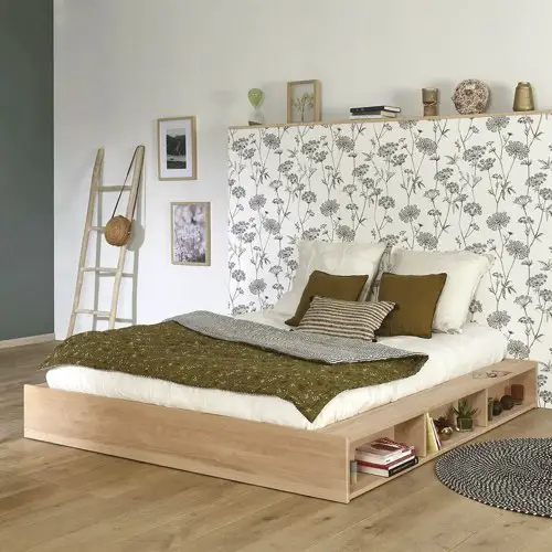 chambre gain de place literie rangement Lit avec rangements niche 2 places en bois