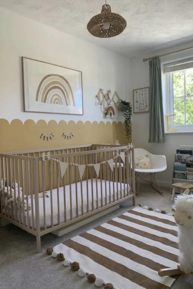 choisir chambre bebe lit barreaux en bois simple évolutif décor soubassement peinture jaune ocre ludique