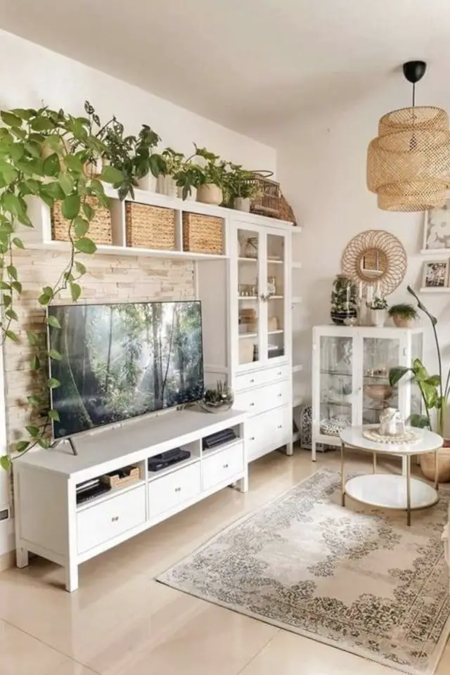 comment creer deco nature zen salon séjour meuble télé blanc panier en rotin plantes verte petite vitrine