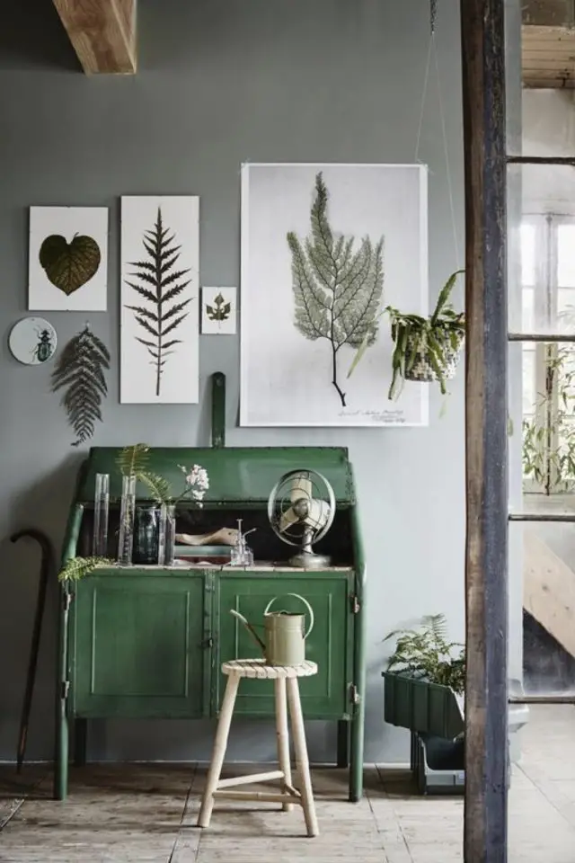 comment creer deco nature zen meuble peinture vert ancien vintage relooking patiné affiche poster décoration mur imprimé plantes 