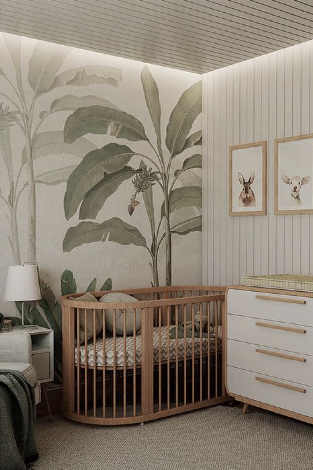 decor chambre bebe garcon idee papier peint tropical blanc et vert lit moderne en bois commode blanche neutre tendance