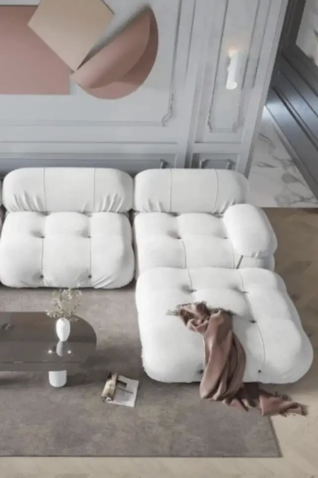 decor design tendance salon exemple sofa modulaire inspiration années 70 blanc capitaonné