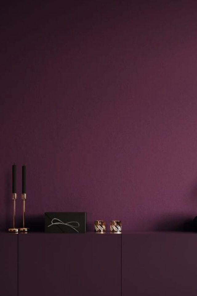 interieur couleur prune exemple mur uni peinture mat chic intense intime objets décoratifs noir