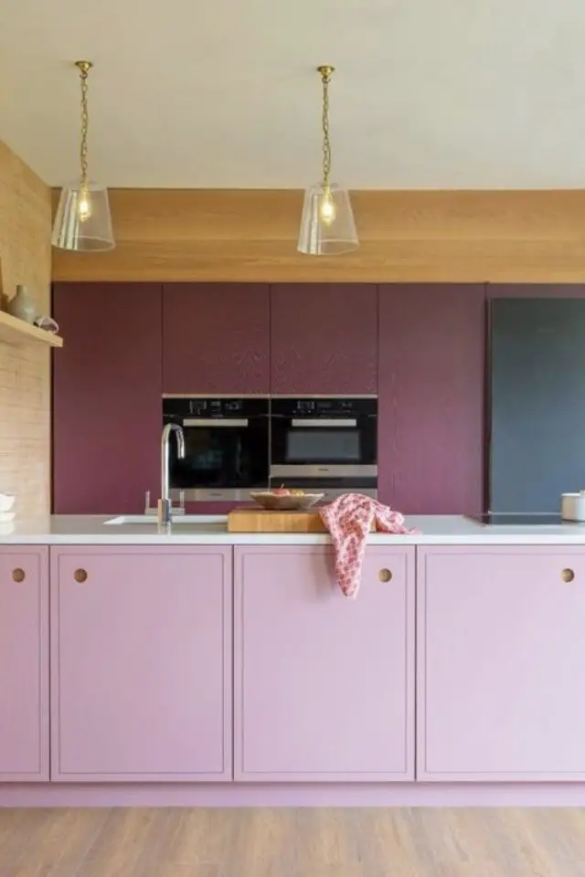 interieur couleur prune exemple meuble cuisine moderne color bloc rose clair bois tendance