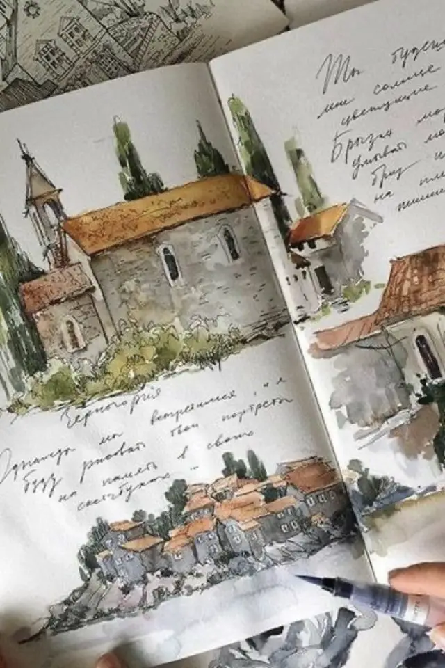 journal de voyage aquarelle exemple paysage petit village vacances dessin couleur activité slow