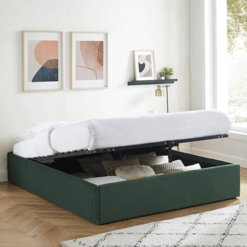 lit avec rangement maisons du monde Lit coffre 140x190cm en velours vert + sommier à lattes