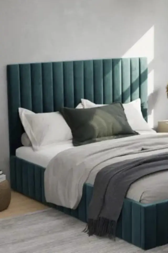 rangement chambre literie pas cher Lit coffre avec tête de lit coutures verticales - 140 x 190 cm - Velours - Bleu canard 