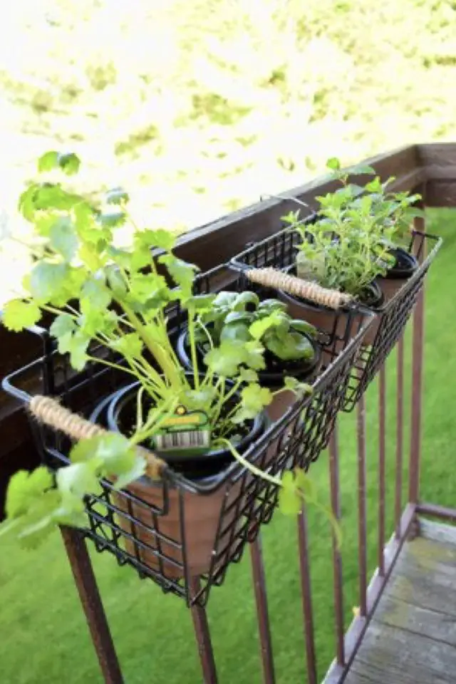 recup balcon idee deco petits panier en métal cuisine suspendu garde-corps jardinière