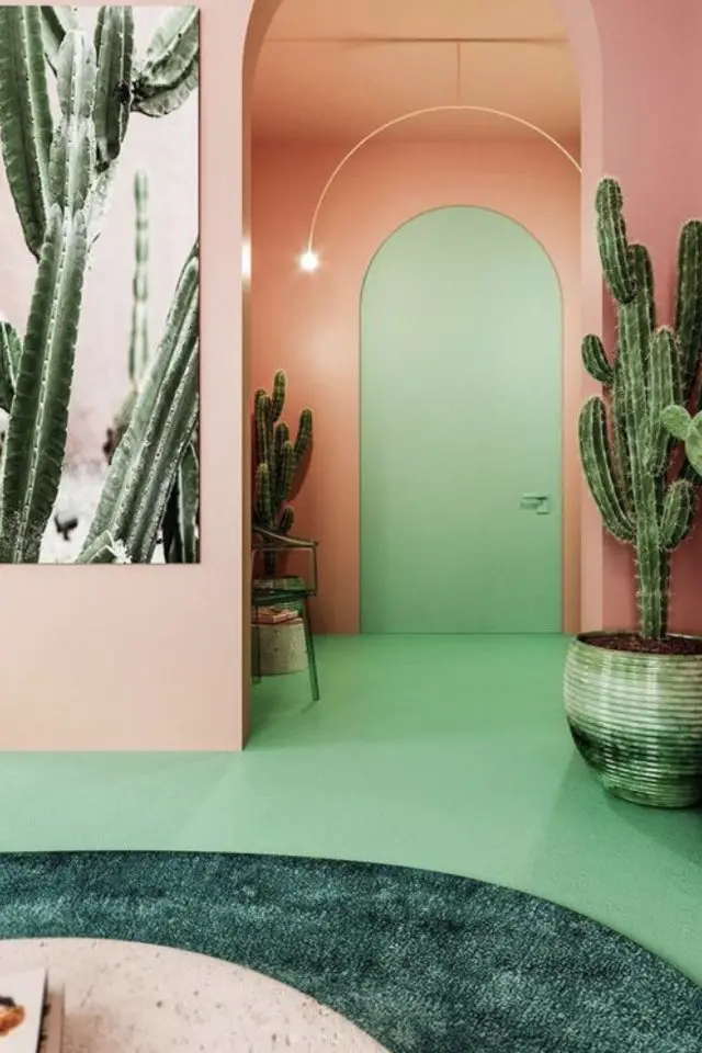 association couleur vert rose decoration peinture mur sol coloré plantes cactus moderne porte cintrée