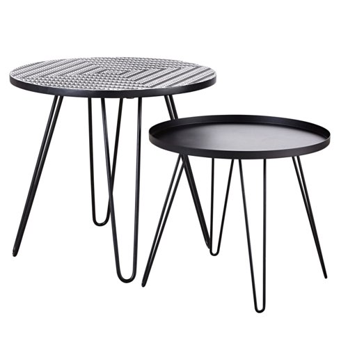 deco cosy moderne balcon maisons du monde Tables basses de jardin en faïence à motifs et métal noir (x2)