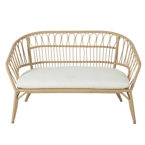 deco cosy moderne balcon maisons du monde Banquette de jardin 2 places en résine imitation rotin et toile blanche