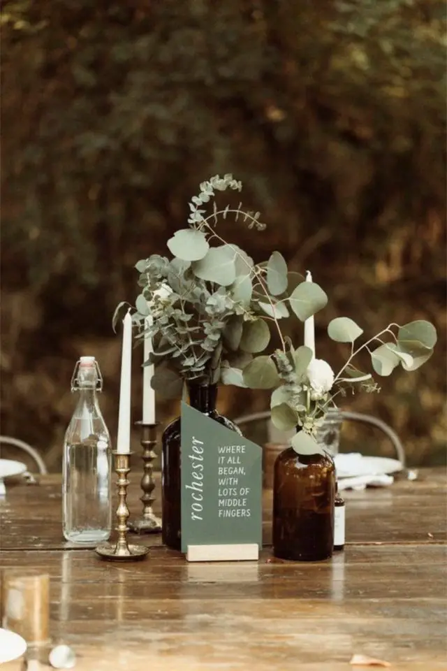 deco mariage nature chic couleurs centre de table menue vert kaki eucalyptus blanc