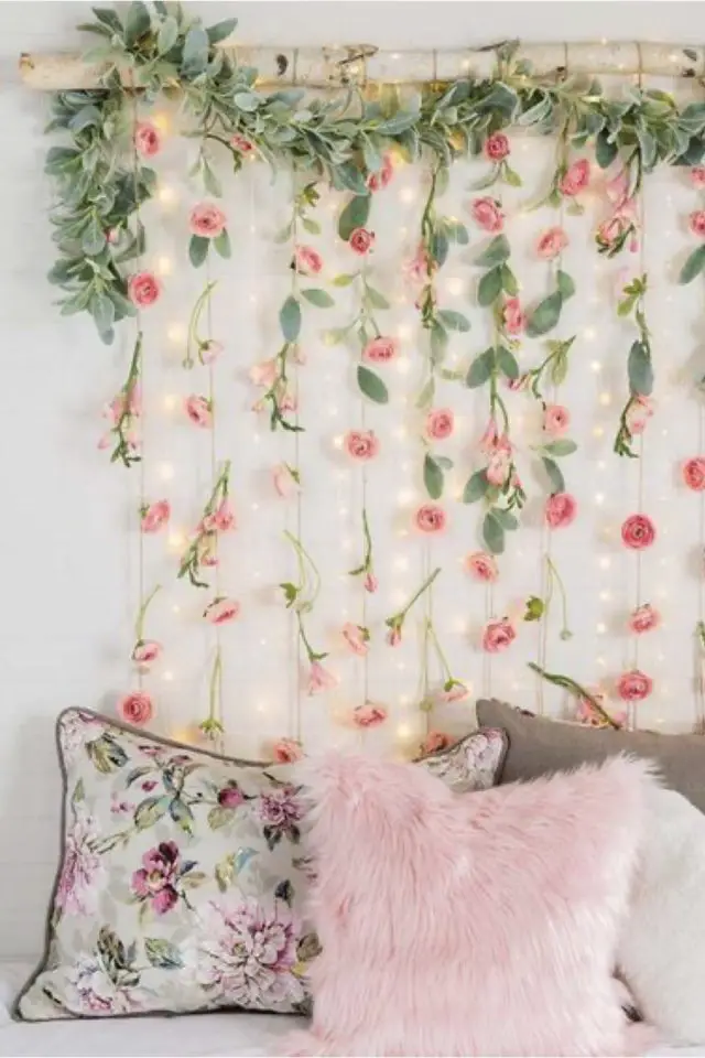 decor chambre adulte printemps exemple tête de lit DIY guirlande de fleurs séchées