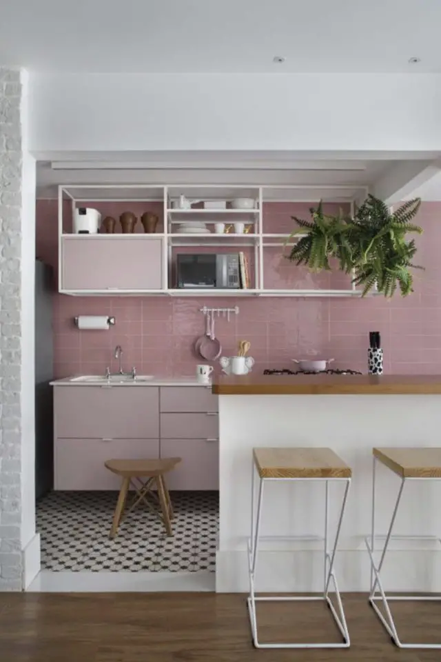 decor cuisine couleur rose exemple ton sur ton deux nuances colorées harmonie modern glam féminin moderne