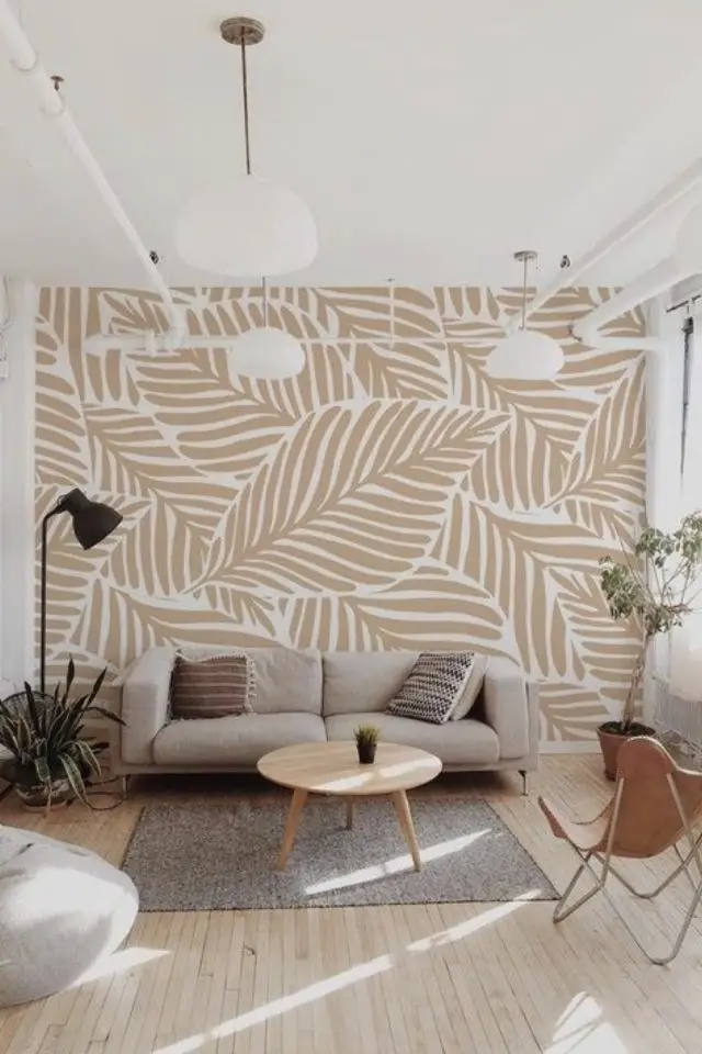decoration mur accent salon décor slow living papier peint beige et blanc XXL panoramique feuillage moderne