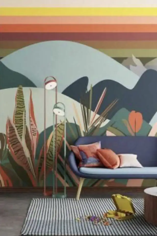 decoration mur accent salon papier peint panoramique paysage fresque couleur vert bleu