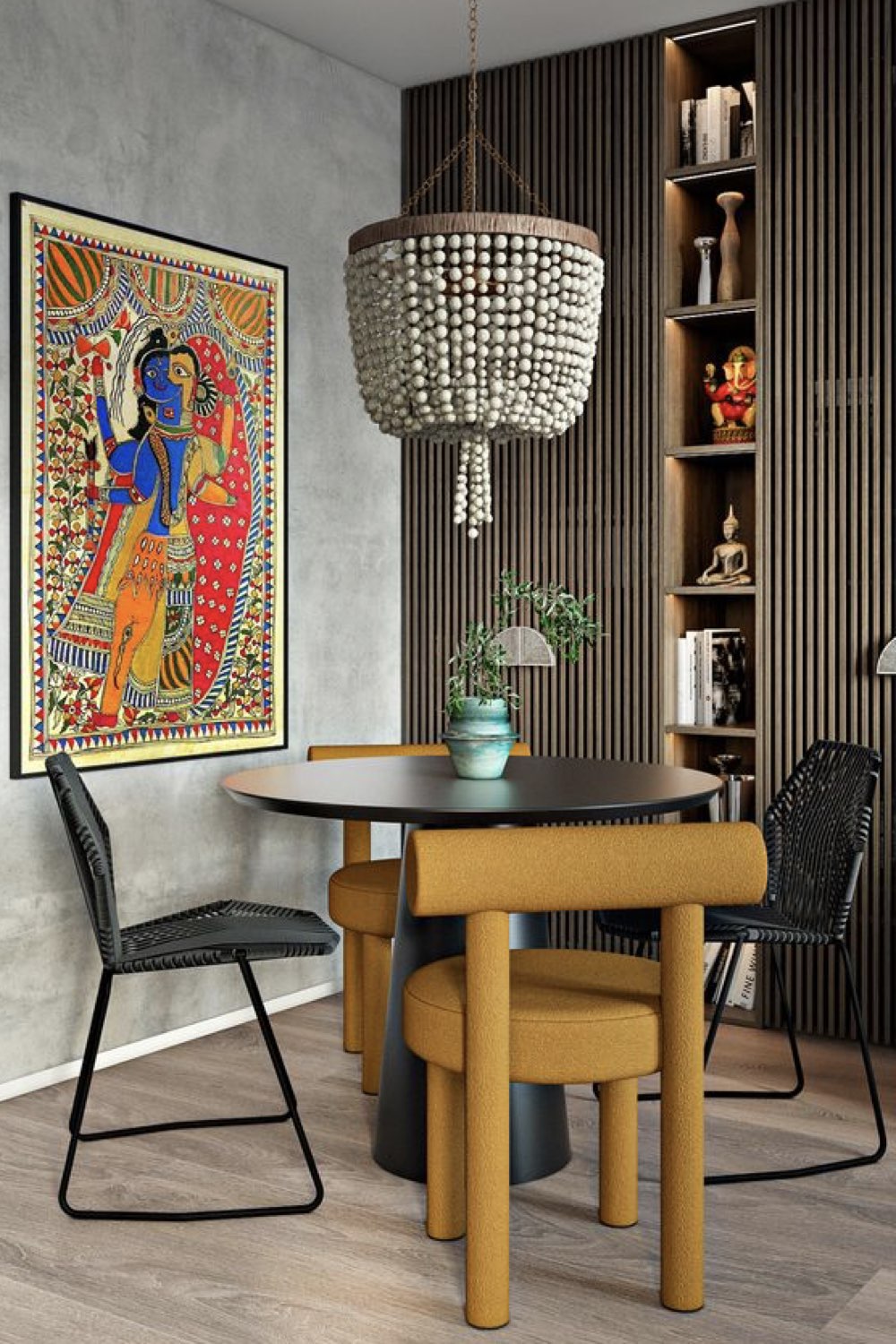 decryptage deco style hipstorique pièce de vie mélange de style coin repas table ronde chaises dépareillées porte de placard moderne bois tasseaux peinture encadrée art