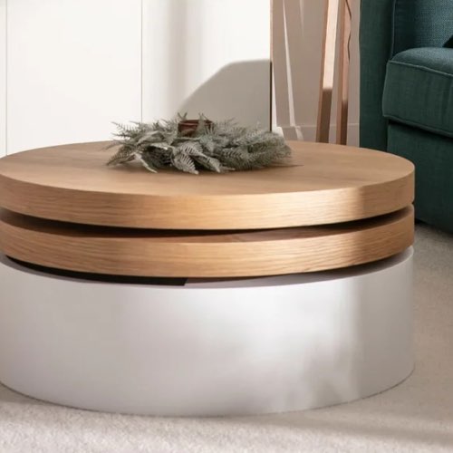 desencombrer maison rangement gain de place pratique Table basse ronde avec plateaux pivotants et rangement et bois clair