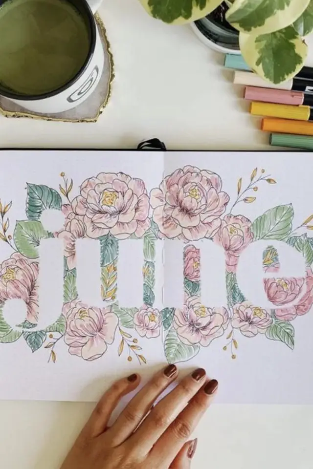 lettering calligraphie pour debutant jolie typo bullet journal mois de juin déco florale illustration pastel aquarelle