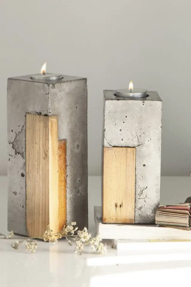 loisirs diy beton creatif decoration exemple mélangé avec bois bougeoir moderne minimaliste