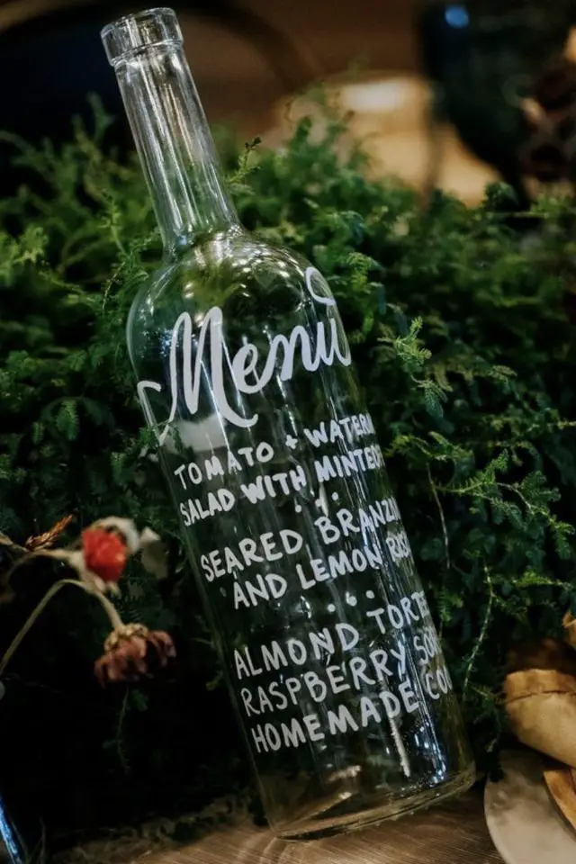 mariage nature eco friendly menu repas bouteille transparente économie papier