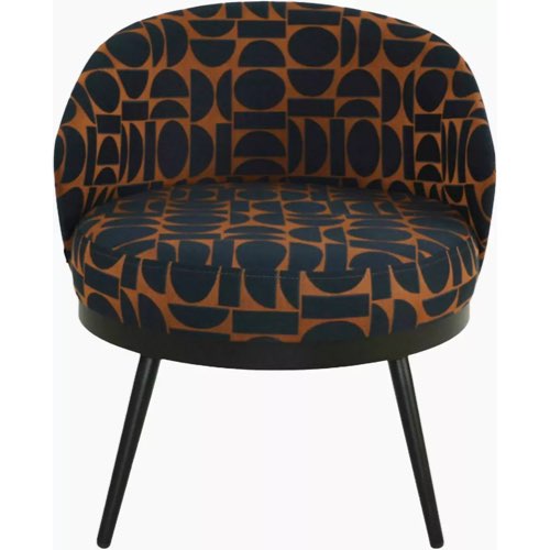 meuble deco eclectique design vintage hipstorique Fauteuil noir et à motif en tissu vintage années 70 orange et noir
