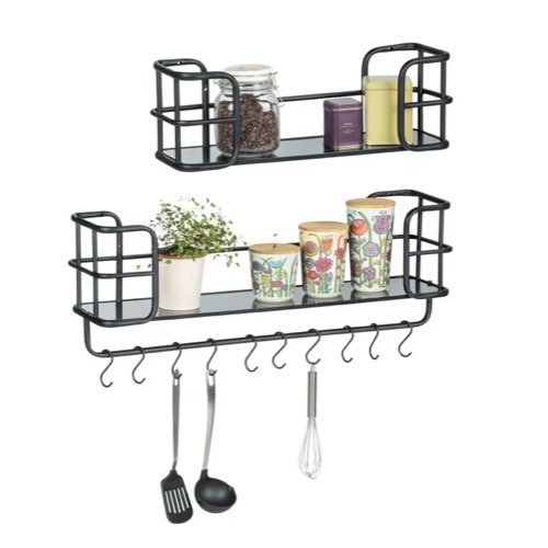 rangement cuisine pas cher pratique Etagère Murale Industrielle Cuisine, Noir, Lot De 2, Avec Barre De Crédence Et Crochet De Suspension décoration mur