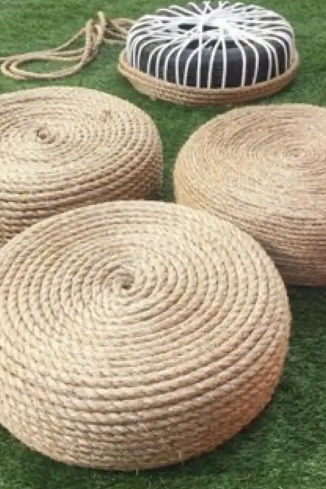 recyclage pneu jardin exemple pouf en corde aménagement extérieur bricolage pas cher