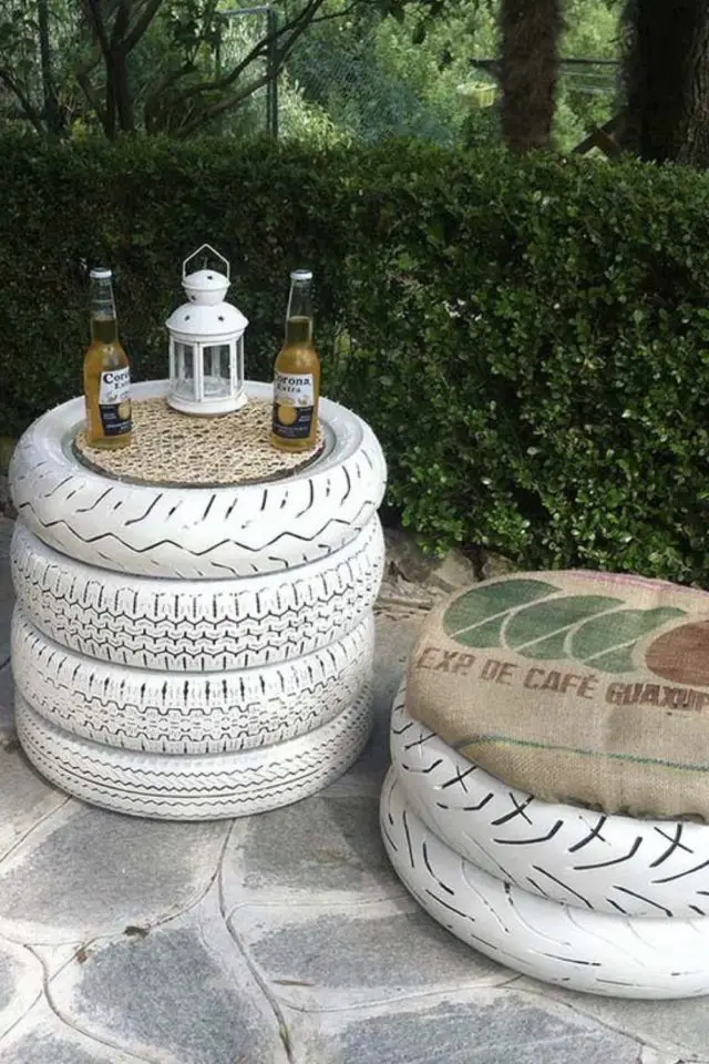 recyclage pneu jardin exemple peinture table haute tabouret pouf salon extérieur pas cher récup'