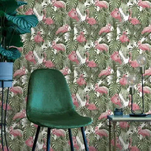 revetement mur rose vert association couleur facile Papier peint flamingos tropical blanc/vert