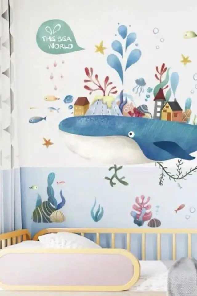 soubassement decor mural enfant exemple bleu thème marin mer baleine fresque petit garçon ludique