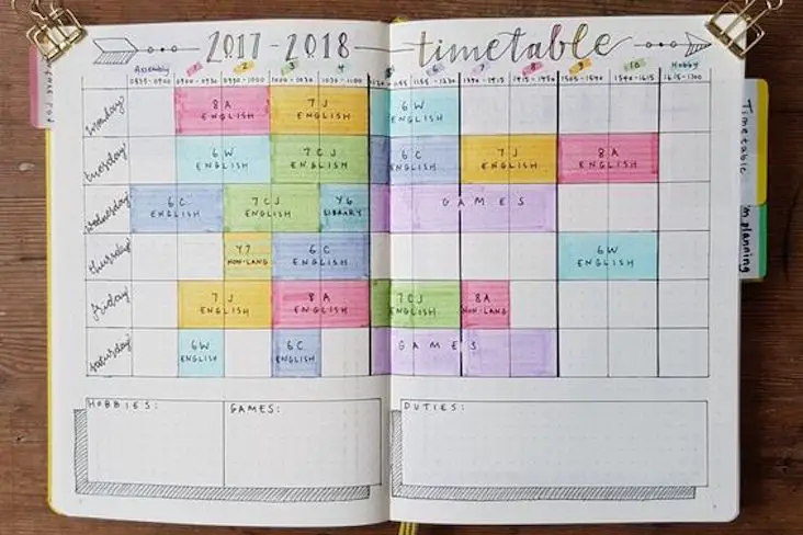 bullet journal prog primaire college lycee organisation de travail exemple couleur calendrier