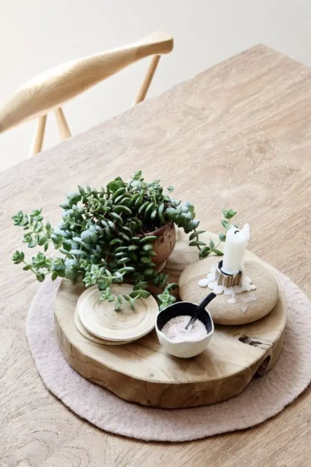 centre de table deco salle a manger au quotidien simple à faire rondin de bois bougie petite plante en pot pot de sucre