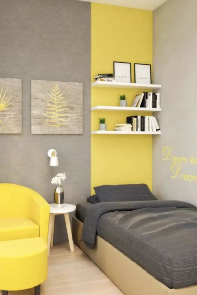 chambre enfant couleur jaune exemple garçon gris peinture papier peint linge de lit