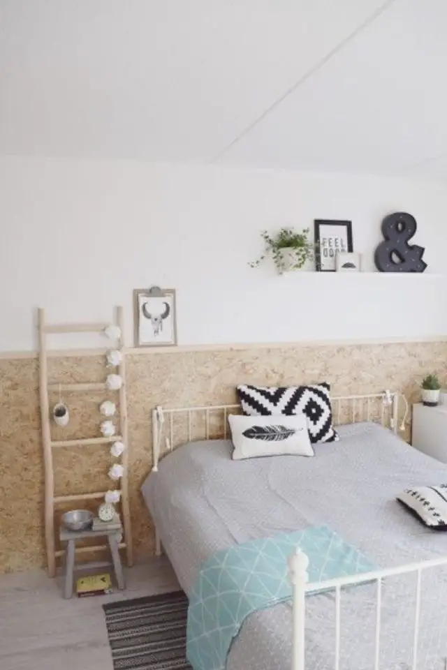 chambre enfant decoration mur bois moderne soubassement chambre adolescent tendance neutre bois et blanc osb grand lit