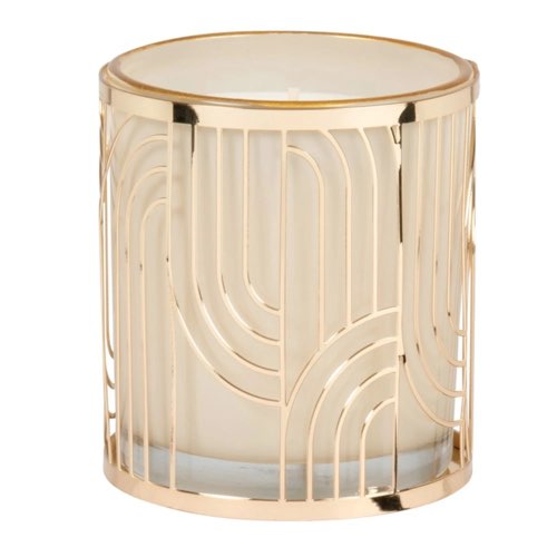 composition centre de table objet decoratif Bougie en verre teinté beige et métal doré