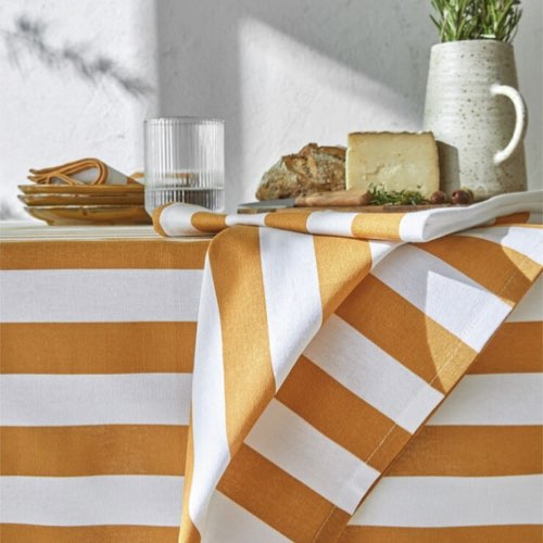 deco de table vaisselle textile nappe à rayure jaune et blanc style riviera vacances été estival