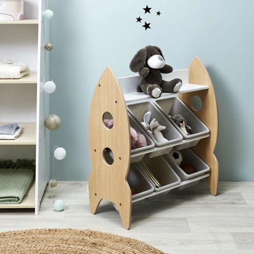 meuble rangement jouet enfant maisons du monde Meuble de rangement 6 bacs et 1 étagère beige