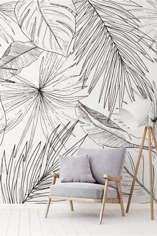 papier peint design salon moderne noir et blanc feuillage tropical graphique Papier Peint Panoramique L336xH270cm Noir