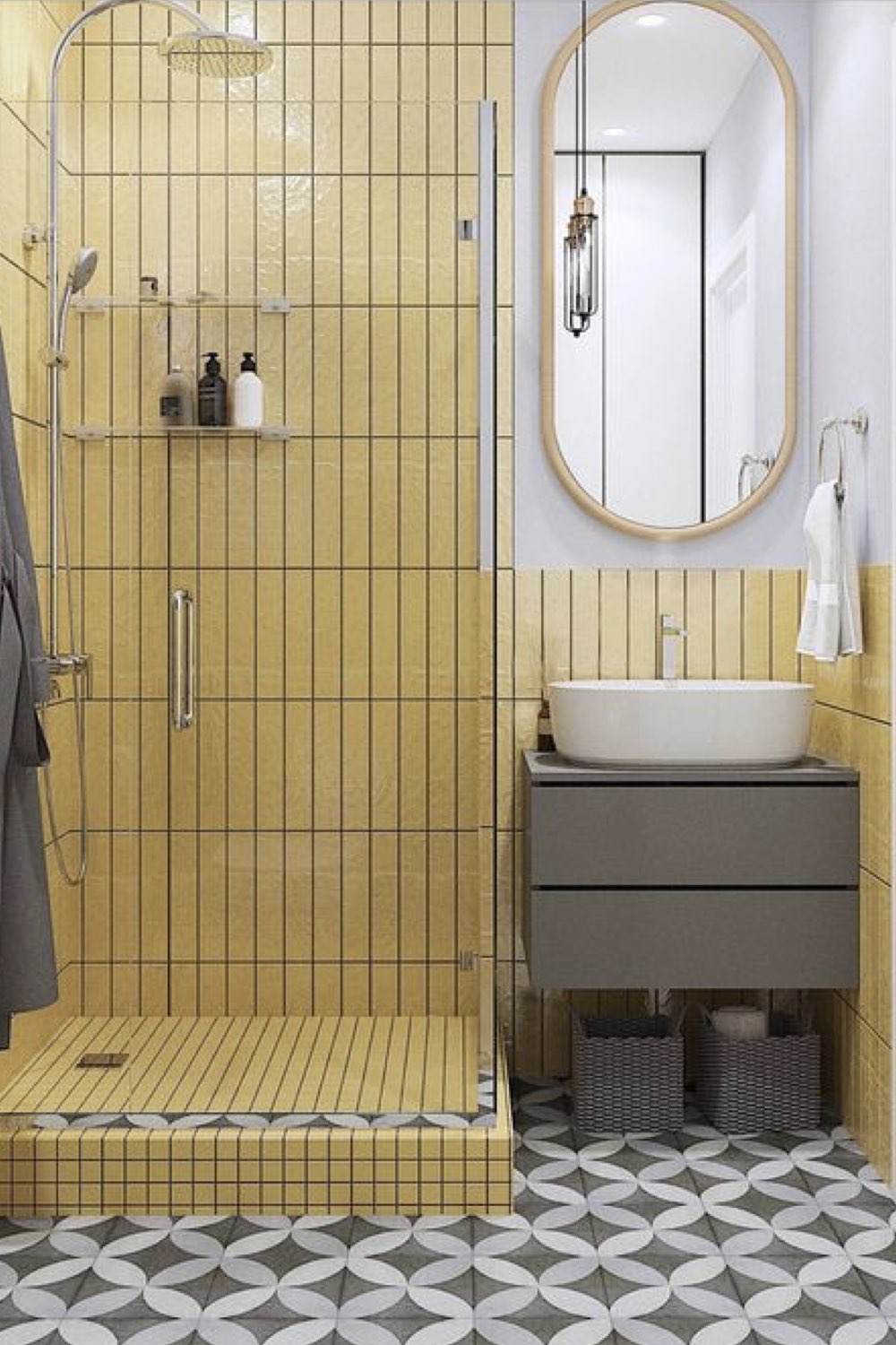 salle de bain douche deco detente jaune pastel carrelage mural carreaux de ciment petit espace meuble vasque gris moderne miroir oval