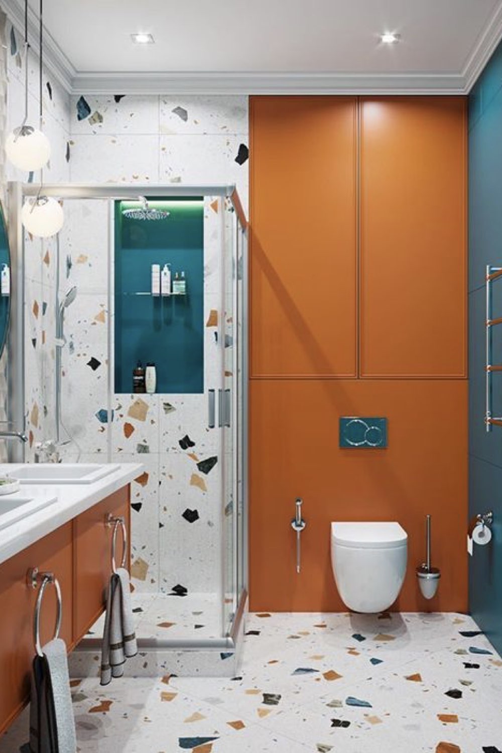 salle de bain douche deco detente moderne couleur matériaux terrazzo bleu et orange tendance