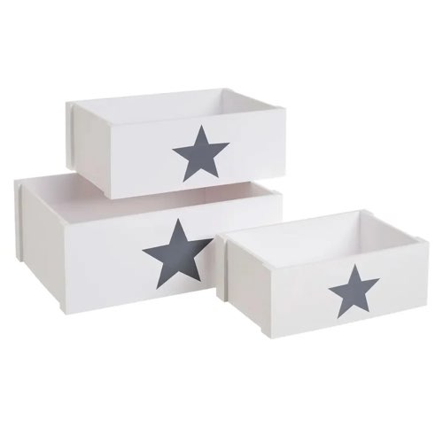 solutions rangement chambre enfant pas cher Set de 3 caisses de rangement en bois blanc et étoiles grises