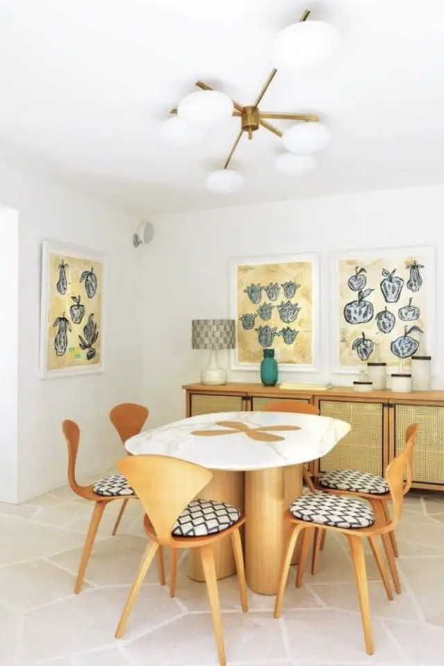 caracteristique style french riviera interieur salle à manger séjour mobilier vintage arrondi table et chaise élégante et rétro